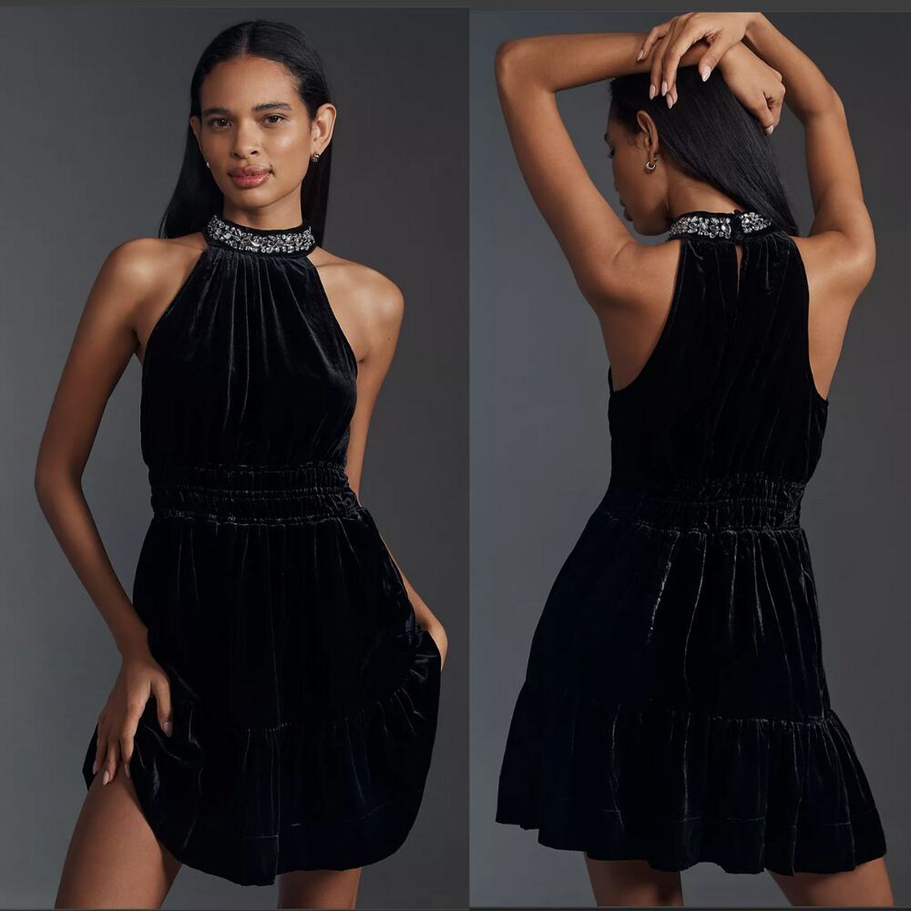 New Anthropologie Somerset Black Velvet Rhinestone Mini Dress - Size Medium